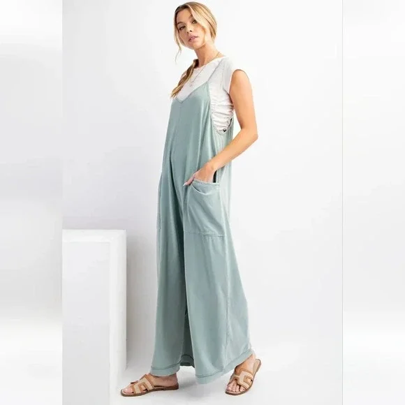New Easel Dusty Blue Mineral Washed Cotton Jumpsuit